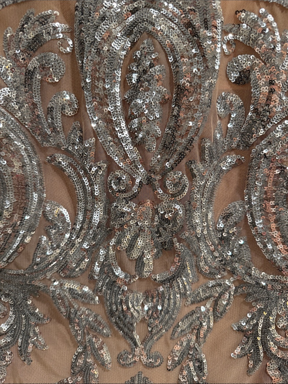 Embellished Nude Long-Sleeve Cocktail Dress with Silver Sequins by La - Picture 2 of 9